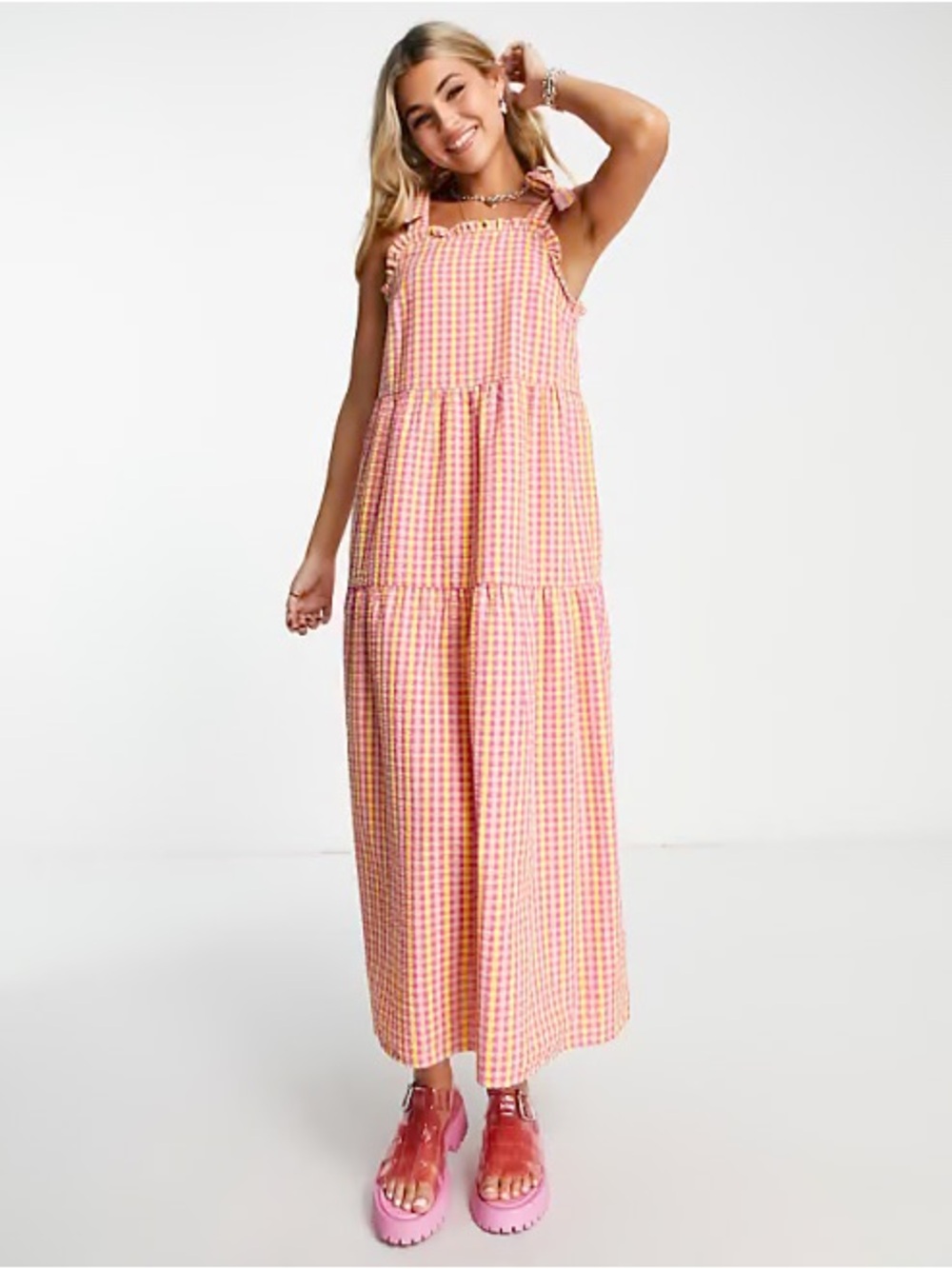Noisy Mat Gingham Tie-Shoulder Maxi Dress - Olive color